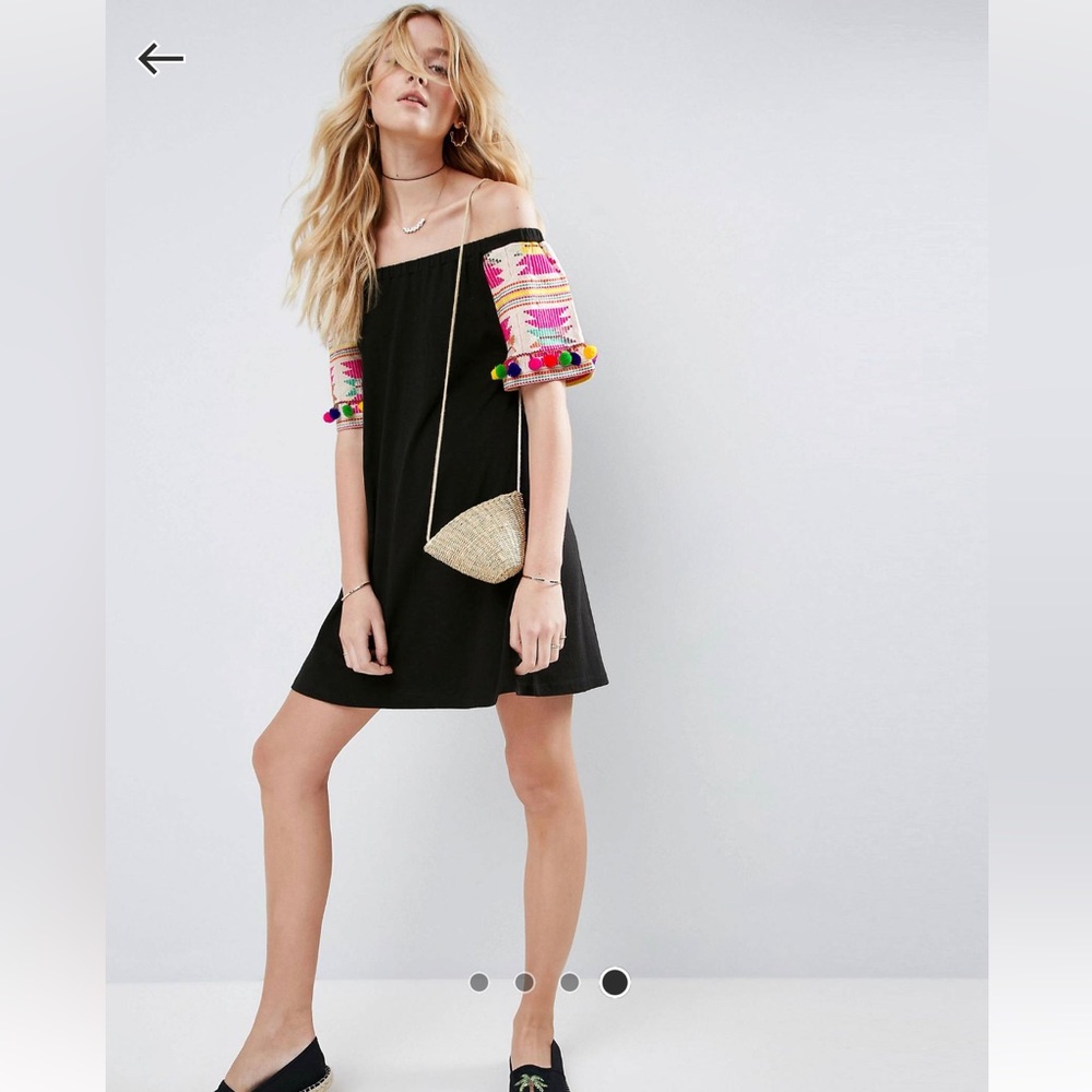 ASOS off the shoulder embroidered sleeves with pom poms
